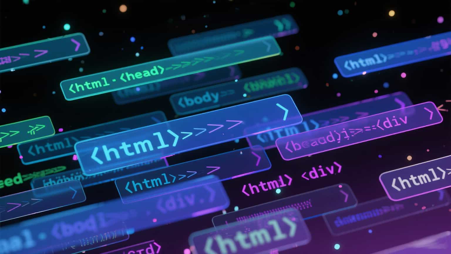 Colorful HTML tags (html, head, body etc.) on a black gradient background with glowing particles